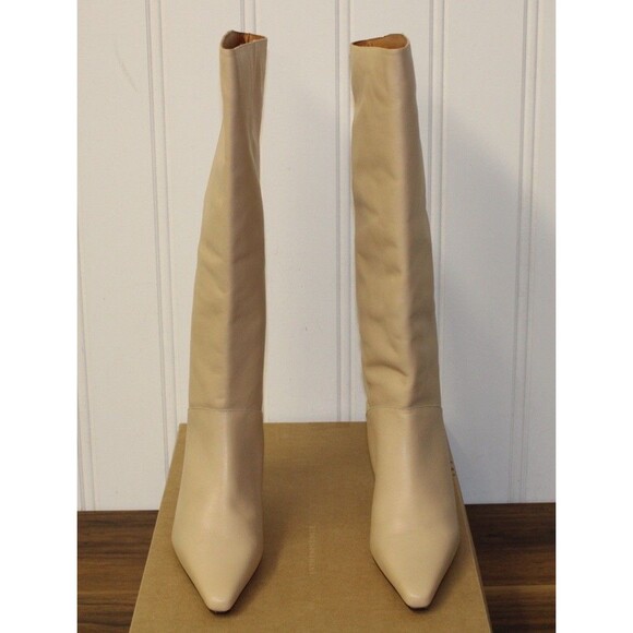 NWT ANTHROPOLOGIE KNEE HIGH POINTED TOE LEATHER KITTEN HEEL BOOTS LITE SAND 40 9 - Picture 4 of 14